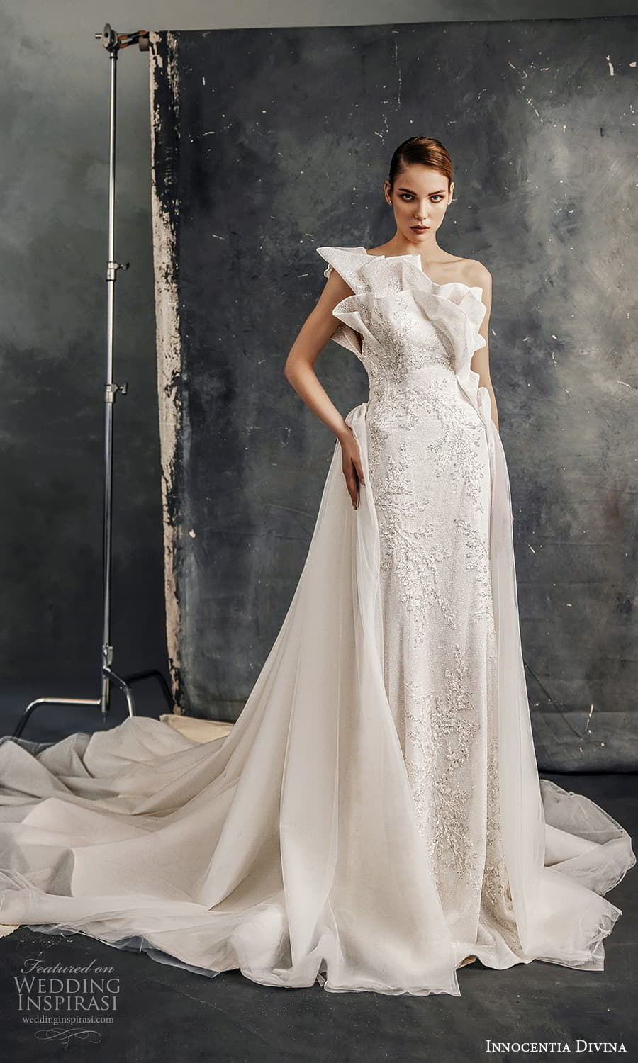 innocentia divina spring 2023 bridal one shoulder crumb catcher neckline fully embellished mermaid wedding dress chapel train a line overskirt (1) mv