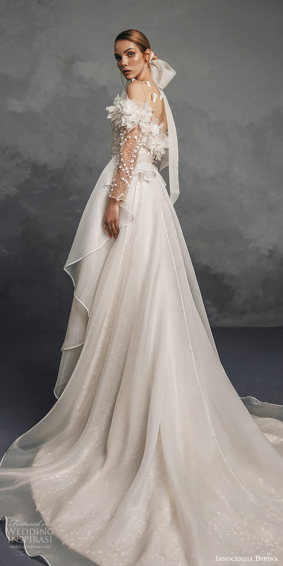 innocentia divina spring 2023 bridal sheer long sleeeve off shoulder sweetheart neckline fully embellished a line ball gown wedding dress chapel train (12) bv