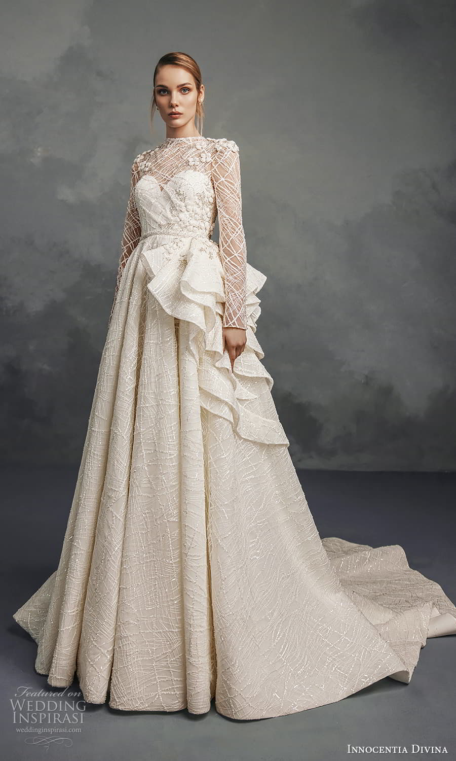 innocentia divina spring 2023 bridal sheer long sleeve jewel neckline fully embellished a line wedding dress chapel train (8) mv