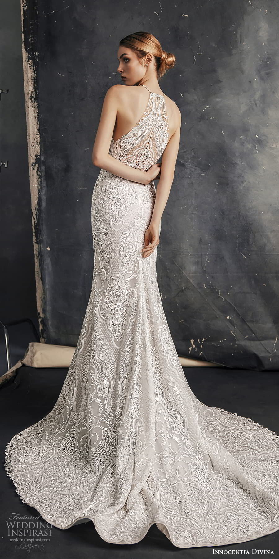 innocentia divina spring 2023 bridal sleeveless halter neckline fully embellished lace sheath wedding dress chapel train (18) bv