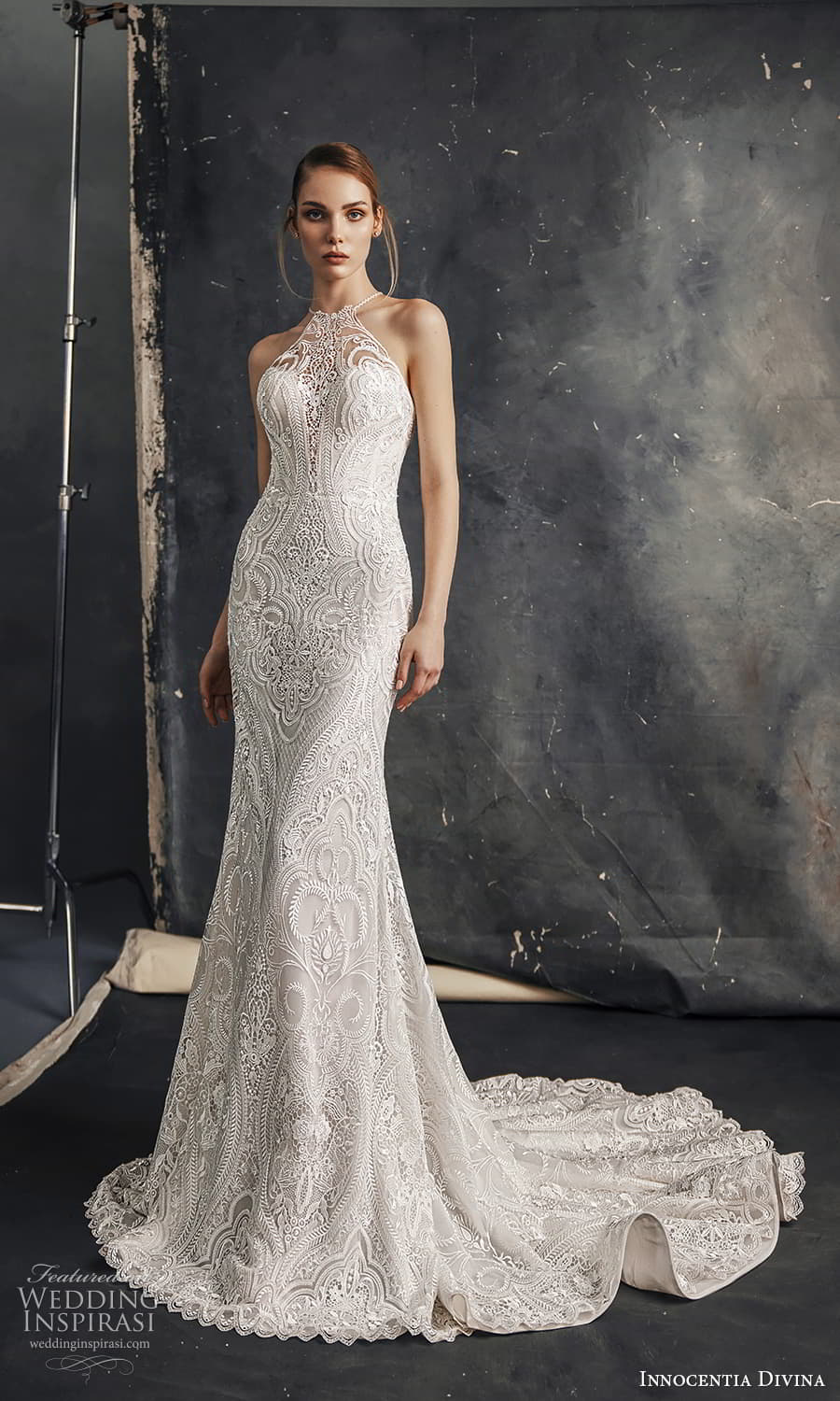 innocentia divina spring 2023 bridal sleeveless halter neckline fully embellished lace sheath wedding dress chapel train (18) mv