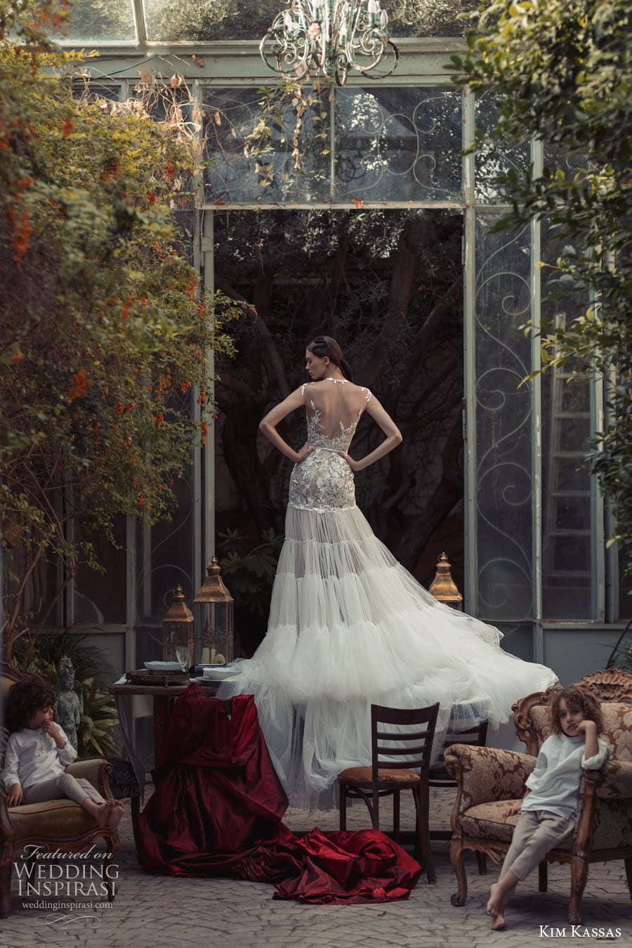 kim kassas couture spring 2023 bridal cap sleeve v neckline embellished bodice fit flare wedding dress chapel train (4) bv