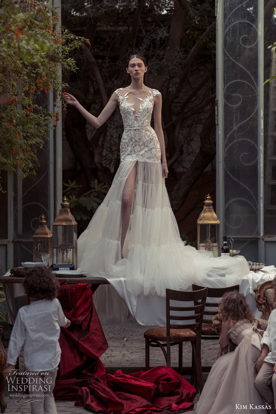 kim kassas couture spring 2023 bridal cap sleeve v neckline embellished bodice fit flare wedding dress chapel train (4) fv