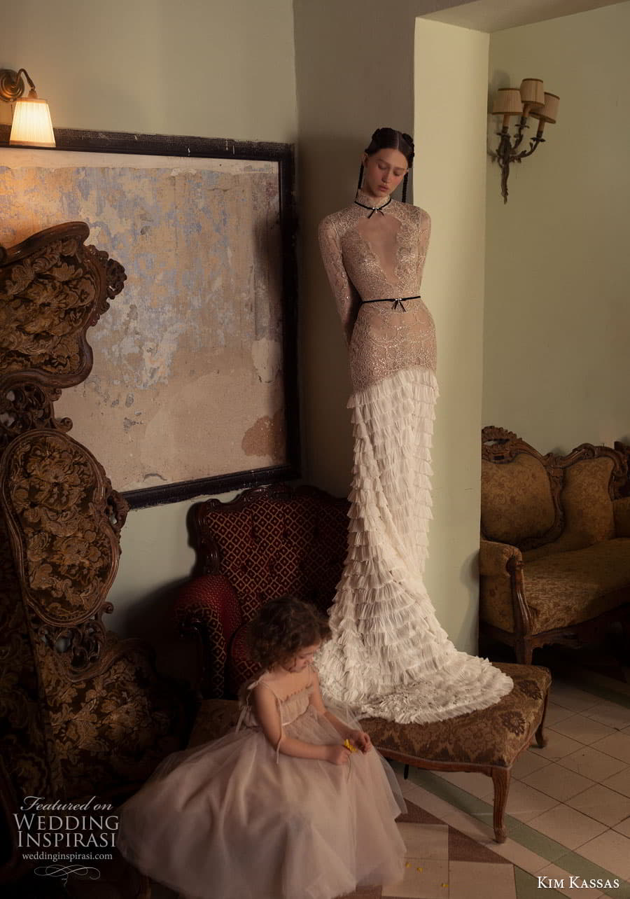 kim kassas couture spring 2023 bridal long sleeve high neckline embellished bodice fit flare trumpet sheath wedding dress ruffle skirt (10) mv kim kassas couture spring 2023 bridal long sleeve high neckline embellished bodice fit flare trumpet sheath wedding dress ruffle skirt (10) mv