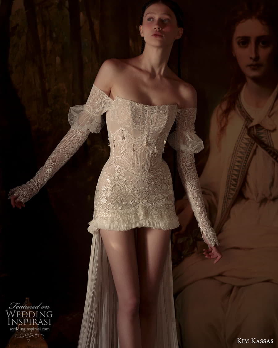 kim kassas couture spring 2023 bridal off shoulder long puff sleeve semi sweetheart neckline embellished short wedidng dress chapel train (12) zv kim kassas couture spring 2023 bridal off shoulder long puff sleeve semi sweetheart neckline embellished short wedidng dress chapel train (12) zv