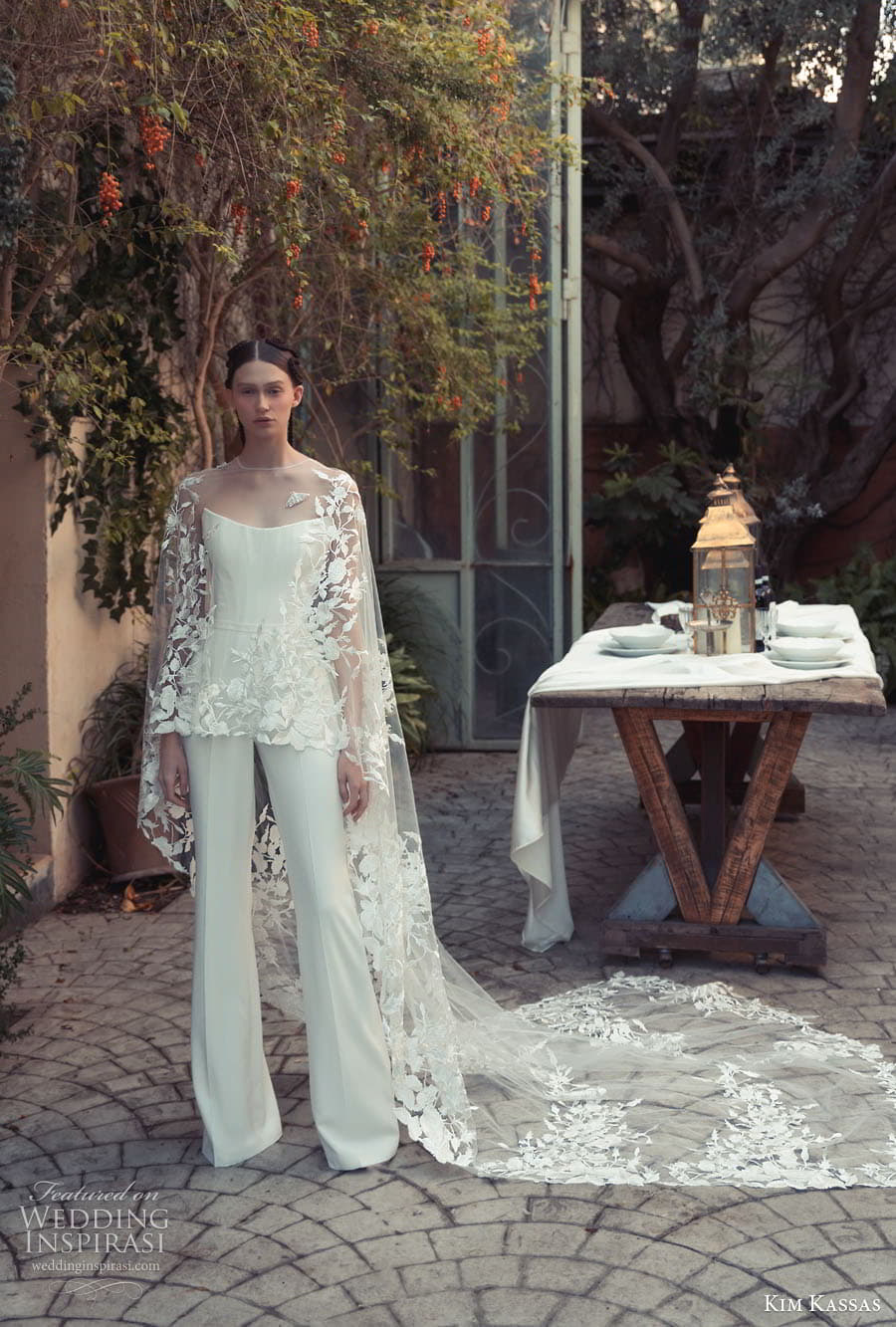 kim kassas couture spring 2023 bridal sheer cape sleeve semi sweetheart neckline clean minimalist pant suit wedding dress (7) mv kim kassas couture spring 2023 bridal sheer cape sleeve semi sweetheart neckline clean minimalist pant suit wedding dress (7) mv