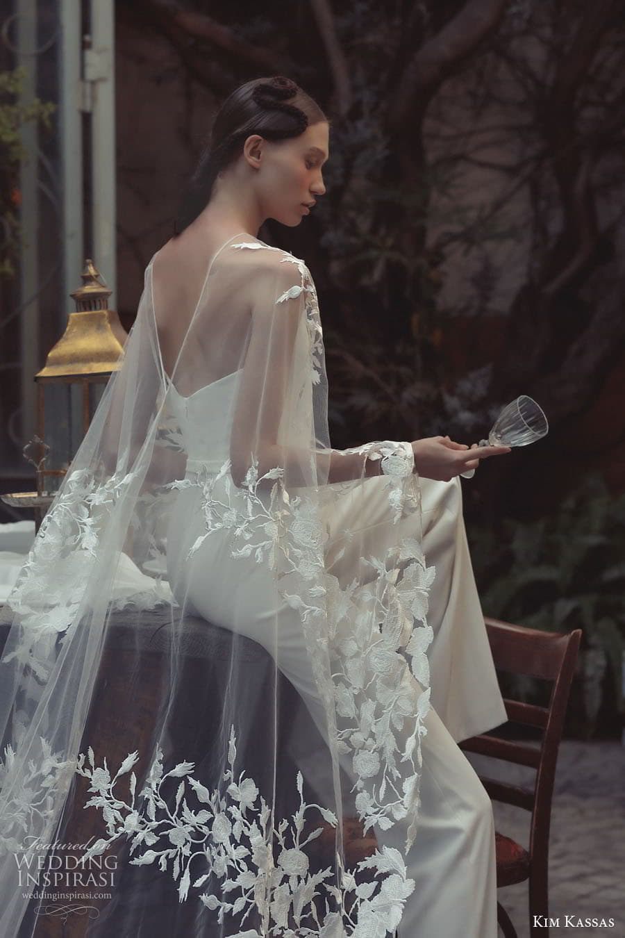 kim kassas couture spring 2023 bridal sheer cape sleeve semi sweetheart neckline clean minimalist pant suit wedding dress (7) zsv