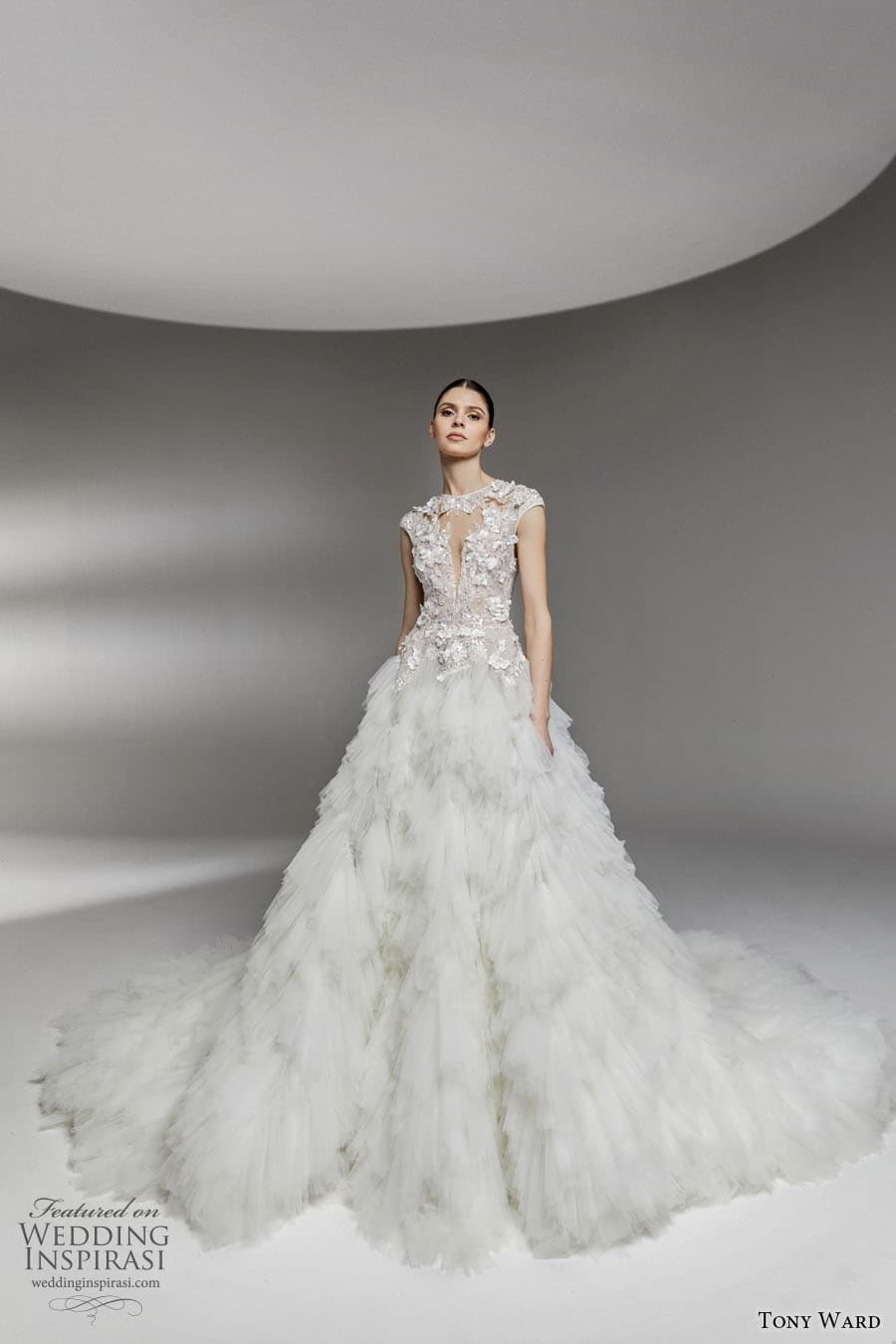 tony ward spring 2023 bridal cap sleeve jewel neckline heavily embellished bodice a line ball gown wedding dress chapel train keyhole back (7) mv