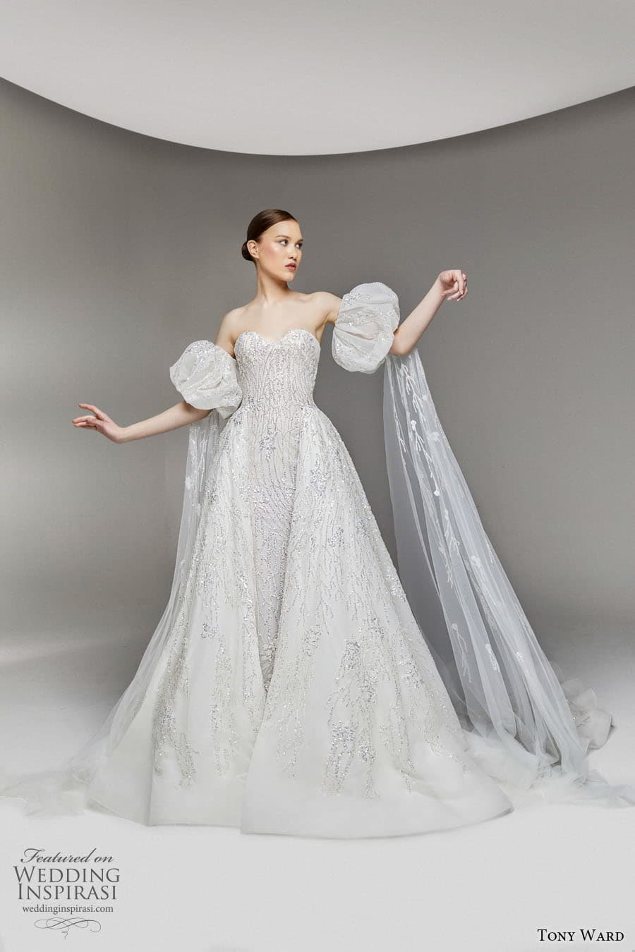 tony ward spring 2023 bridal detached puff sleeve strapless sweetheart neckline fully embellished a line ball gown wedding dress chapel train (3) mv