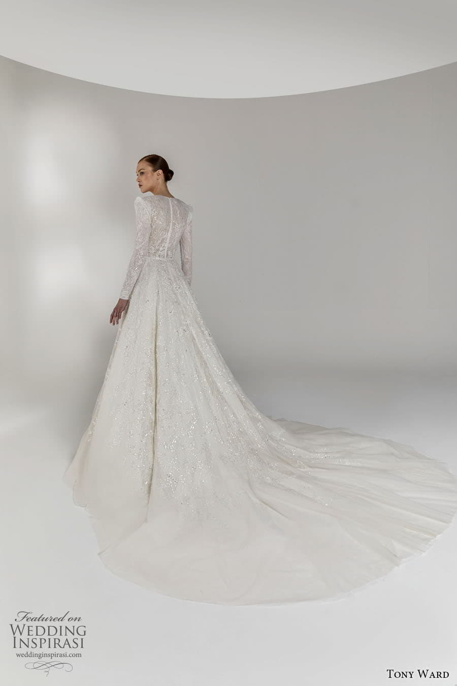 tony ward spring 2023 bridal long puff sleeve v neckline fully embellished a line ball gown wedding dress chapel train (6) bv