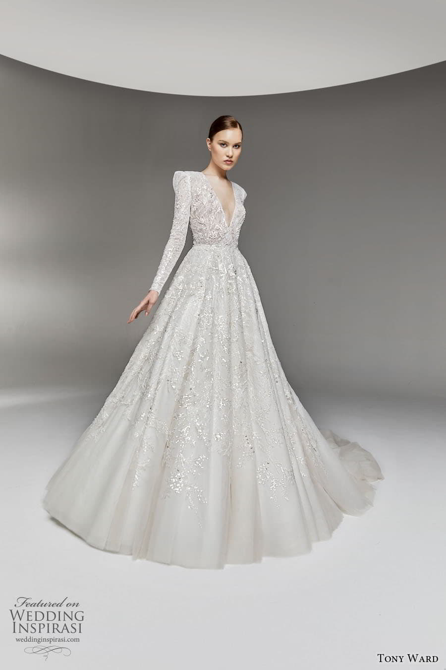 tony ward spring 2023 bridal long puff sleeve v neckline fully embellished a line ball gown wedding dress chapel train (6) mv