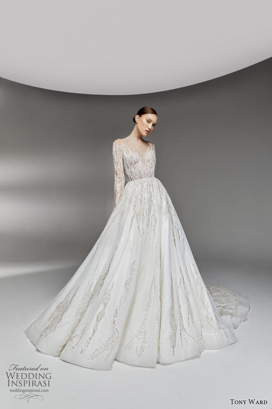 tony ward spring 2023 bridal long sleeve v neckline fully embellished a line ball gown wedding dress chapel train (9) mv