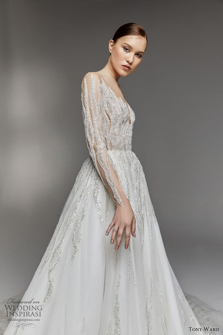 tony ward spring 2023 bridal long sleeve v neckline fully embellished a line ball gown wedding dress chapel train (9) zv