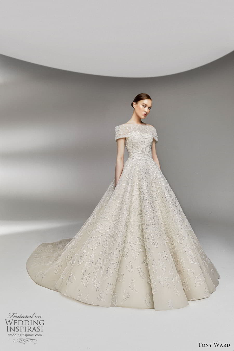 tony ward spring 2023 bridal off shoulder short sleeve staight across neckline embellished a line ball gown wedding dress chapel train (9) mv