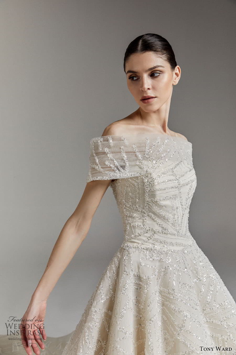 tony ward spring 2023 bridal off shoulder short sleeve staight across neckline embellished a line ball gown wedding dress chapel train (9) zv