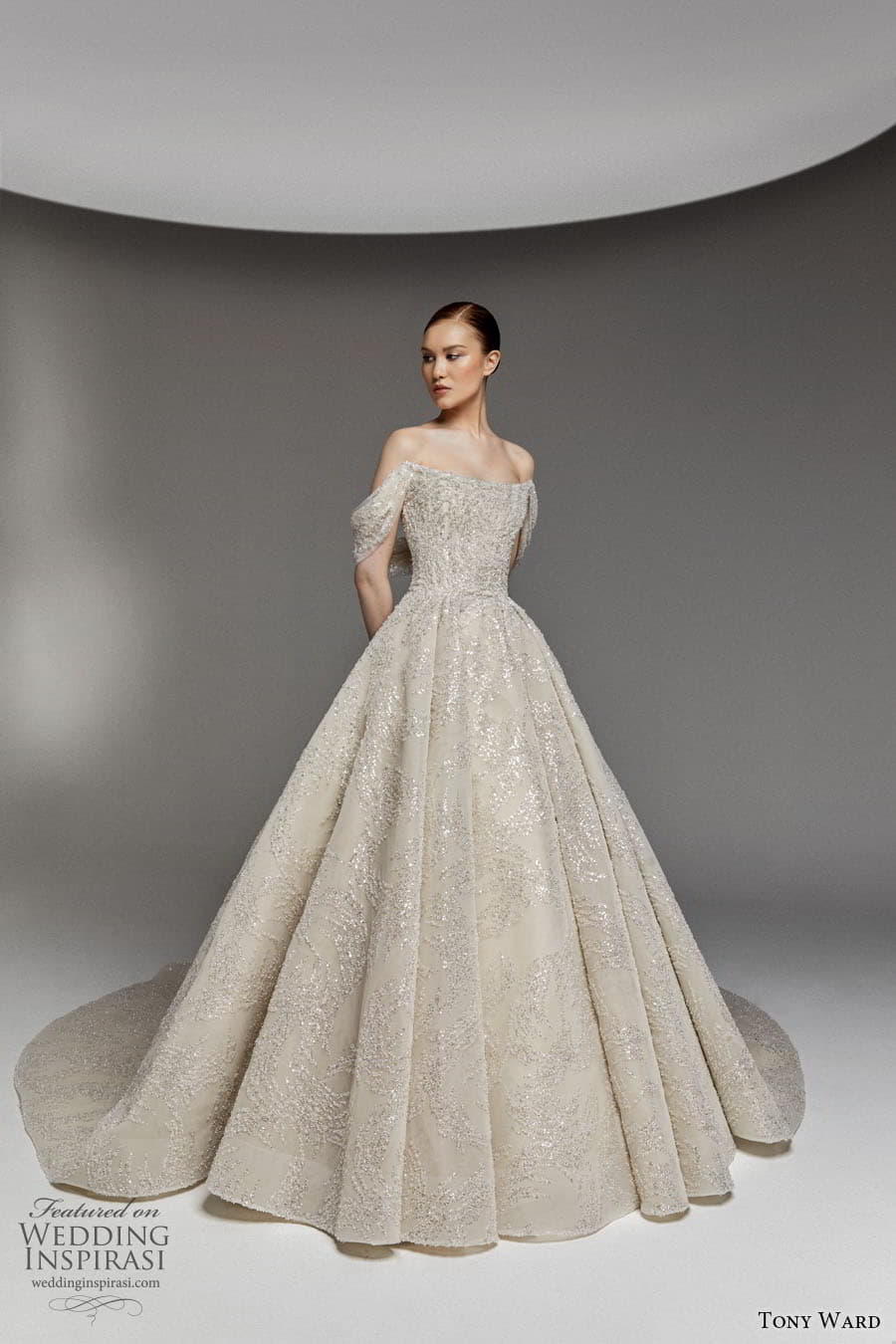 tony ward spring 2023 bridal off shoulder sleeve swag strap scoop neckline fully embellished a line ball gown wedding dress chapel train (10) mv