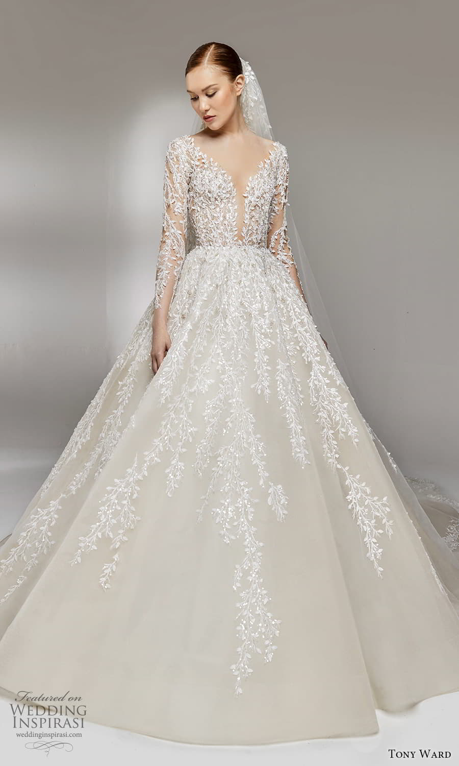 tony ward spring 2023 bridal sheer long sleeve plunging v neckline fully embellished a line ball gown wedding dress chapel train (12) mv