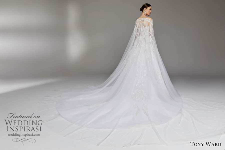 tony ward spring 2023 bridal strapless straight across neckline fully embellished a line ball gown wedding dress chapel train sheer cape (1) bv