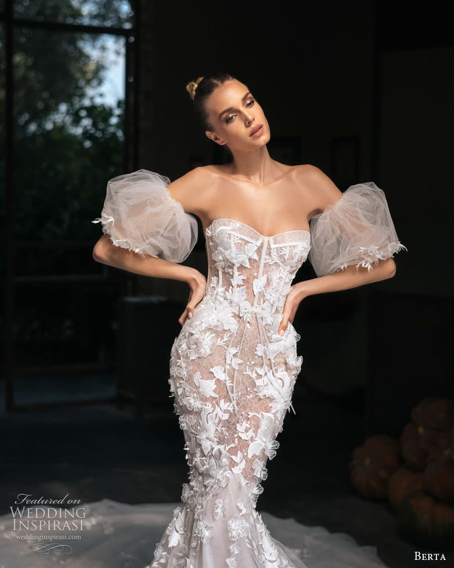 berta spring 2023 bridal detached puff short sleeve strapless sweetheart neckline fully embellished fit flare mermaid wedding dress chapel train (15) zv