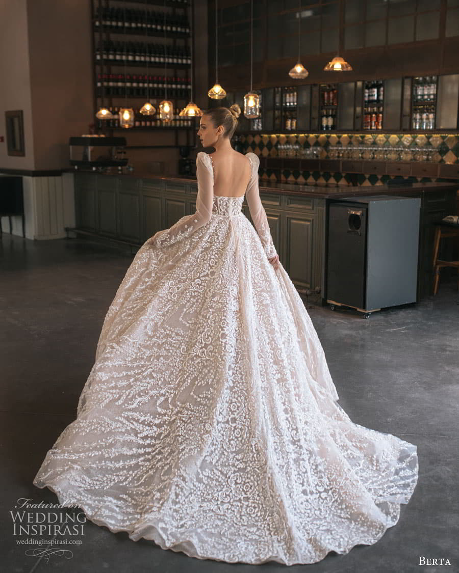 berta spring 2023 bridal long puff sleeve square neckline fully embellished a line ball gown wedding dress chapel train (6) bv