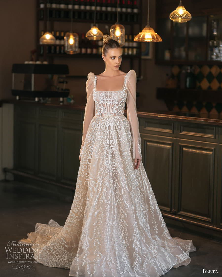 berta spring 2023 bridal long puff sleeve square neckline fully embellished a line ball gown wedding dress chapel train (6) fv