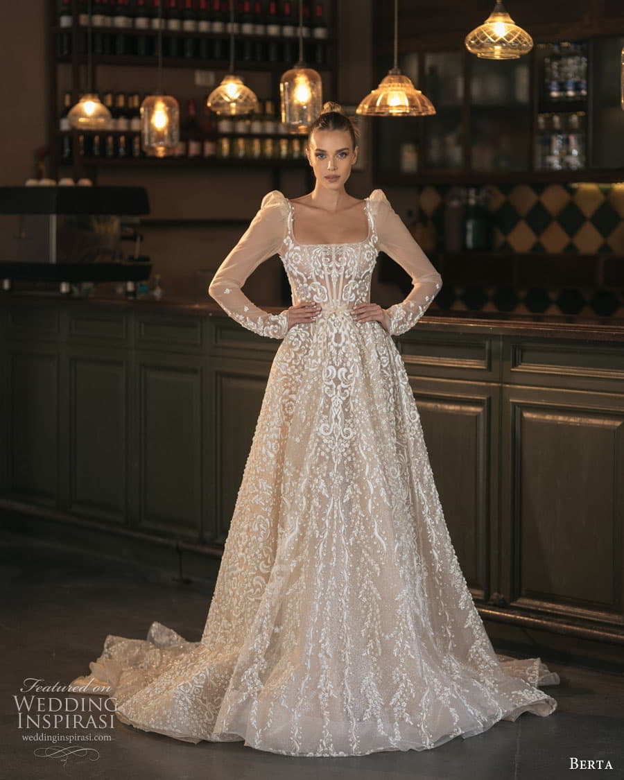 berta spring 2023 bridal long puff sleeve square neckline fully embellished a line ball gown wedding dress chapel train (6) mv