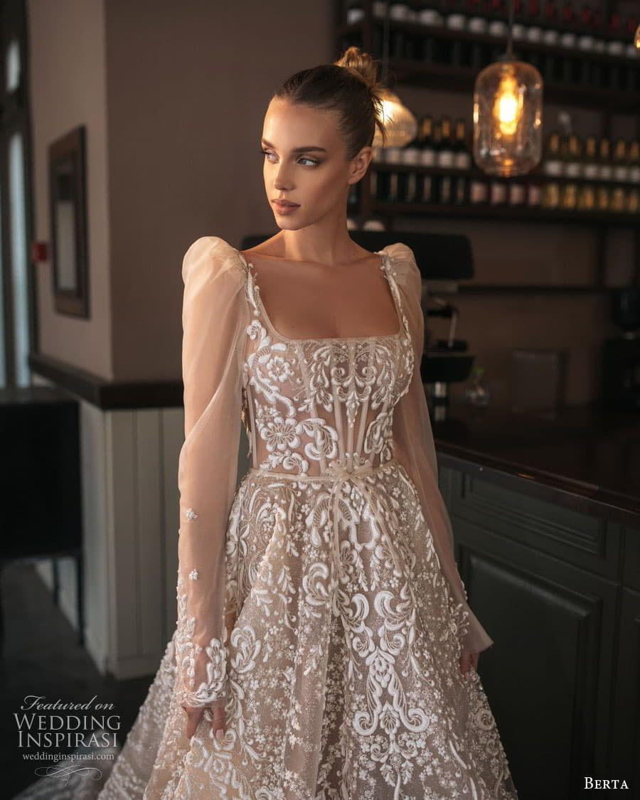 berta spring 2023 bridal long puff sleeve square neckline fully embellished a line ball gown wedding dress chapel train (6) zv