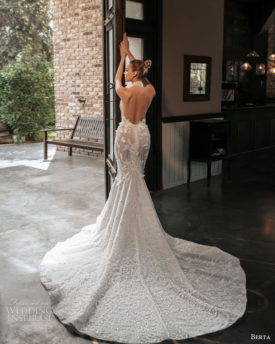 berta spring 2023 bridal sleeveless halter neckline fully embellished sheath mermaid wedding dress chapel train (5) bv