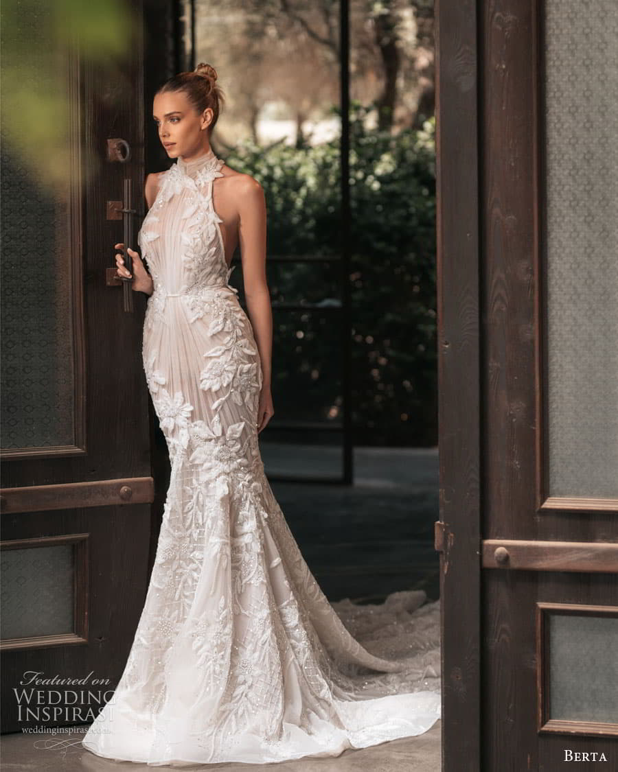 berta spring 2023 bridal sleeveless halter neckline fully embellished sheath mermaid wedding dress chapel train (5) mv