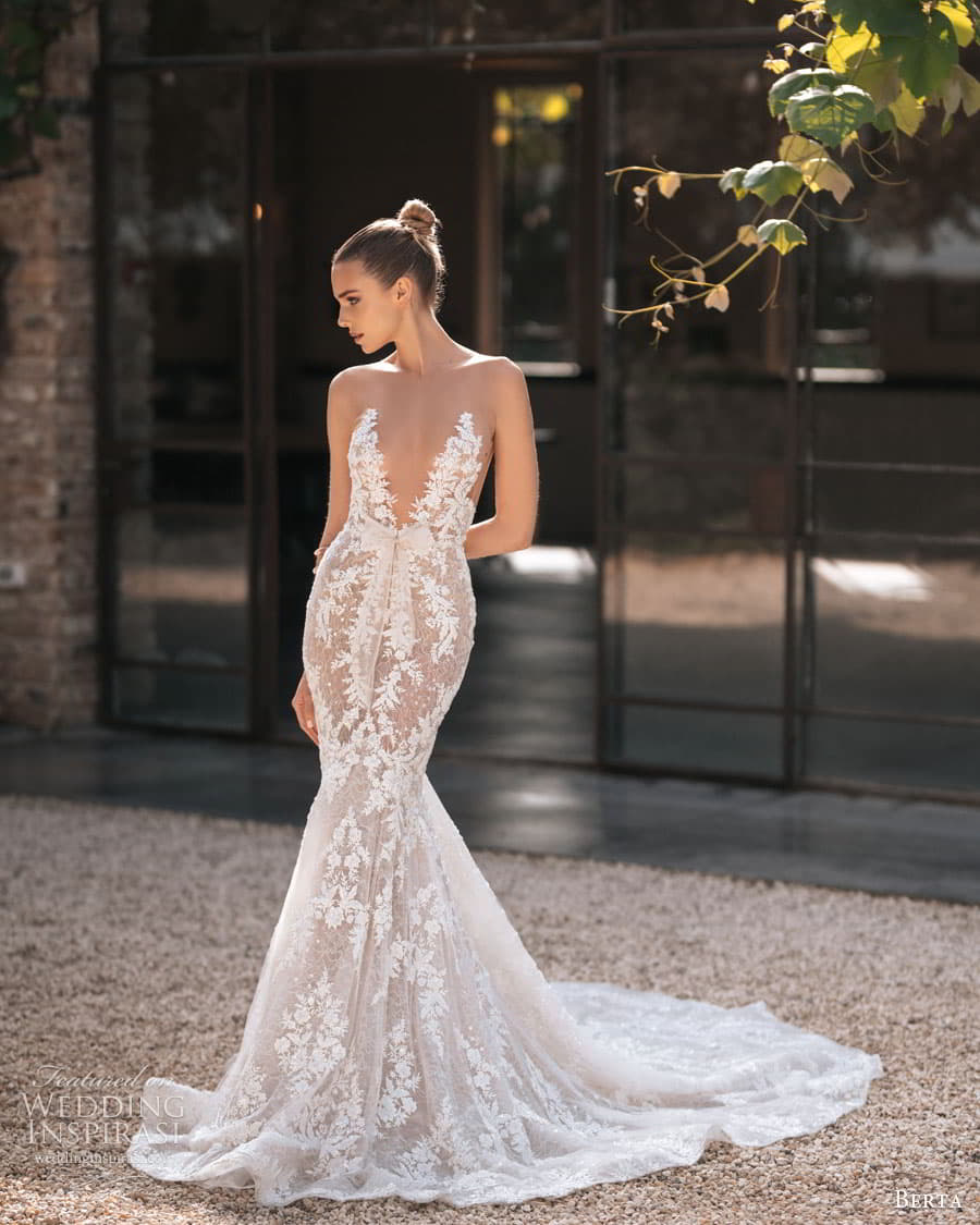 berta spring 2023 bridal sleeveless illusion strap plunging v neckline fully embellished lace fit flare mermaid wedding dress chapel train (9) mv