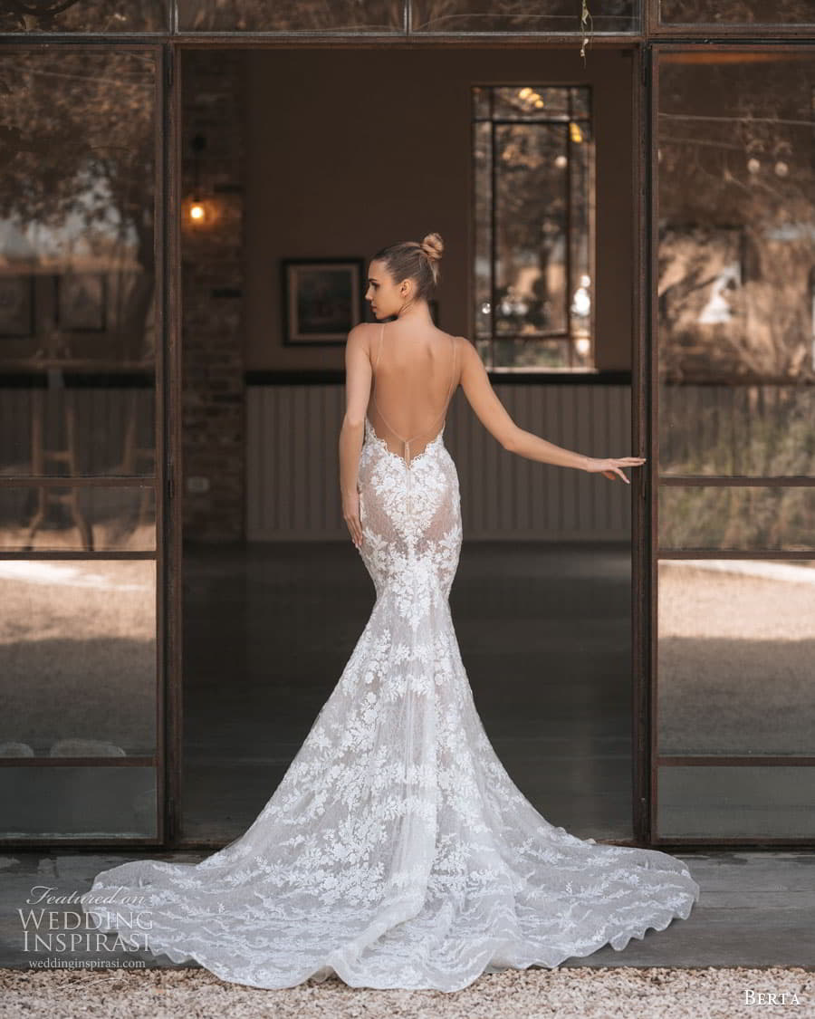 berta spring 2023 bridal sleeveless illusion strap plunging v neckline fully embellished lace fit flare mermaid wedding dress chapel train low back (9) bv