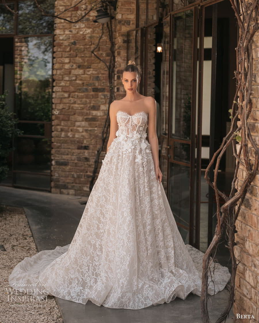 berta spring 2023 bridal strapless sweetheart neckine fully embellished lace a line ball gown wedding dress chapel train (2) mv
