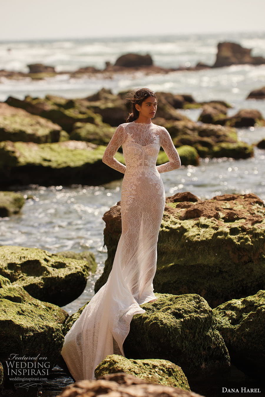 dana harel spring 2023 bridal long sleeve high neckline fully embellished lace sheath wedding dress chapel train (1) mv dana harel spring 2023 bridal long sleeve high neckline fully embellished lace sheath wedding dress chapel train (1) mv