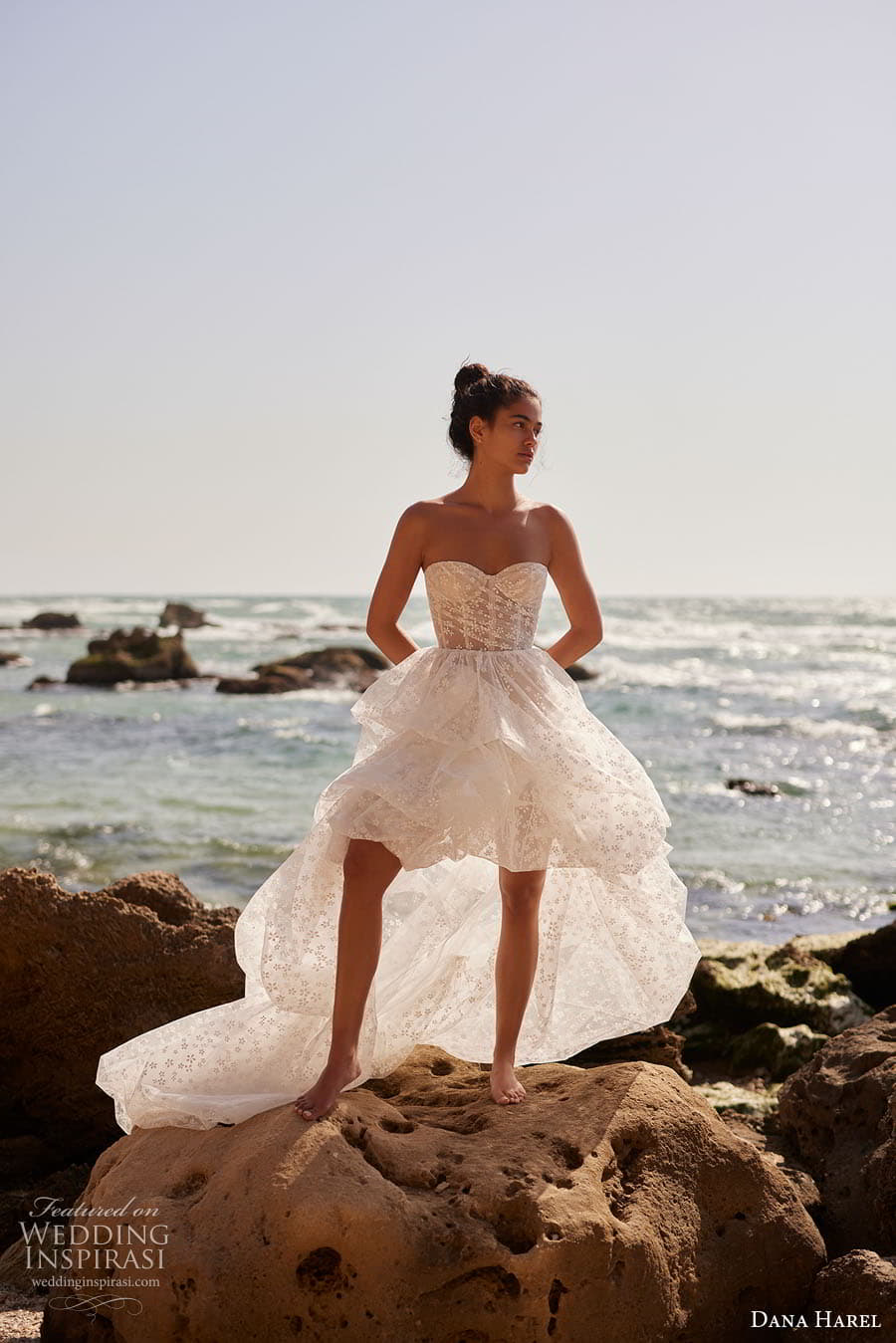 dana harel spring 2023 bridal strapless sweetheart necklnie fully embellished a line high low wedding dress (6) mv