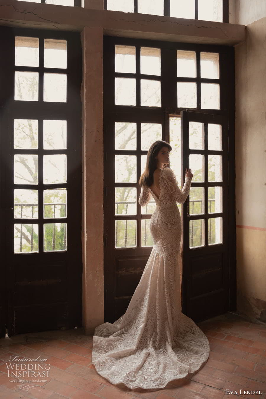 eva lendel 2023 bridal long puff sleeve embellished lace fit flare sheath wedding dress chapel train v back eva lendel 2023 bridal long puff sleeve embellished lace fit flare sheath wedding dress chapel train v back