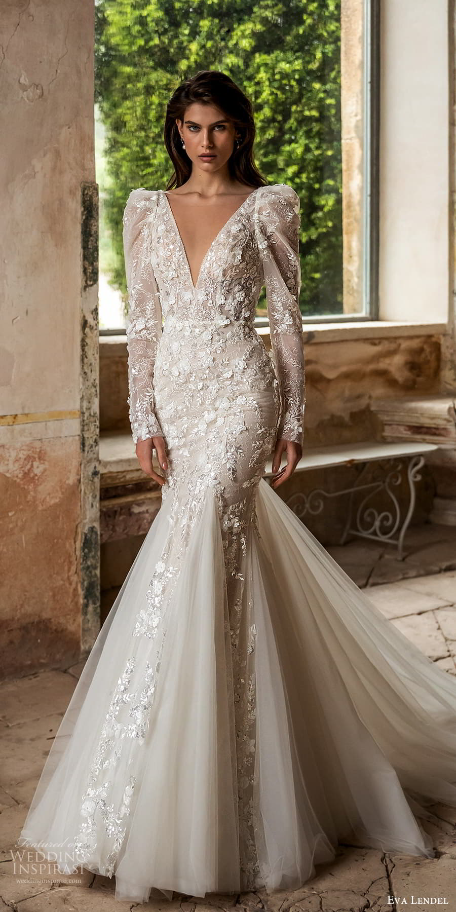 eva lendel 2023 bridal long puff sleeve v neckline embellished lace fit flare mermaid wedding dress chapel train tati (2)