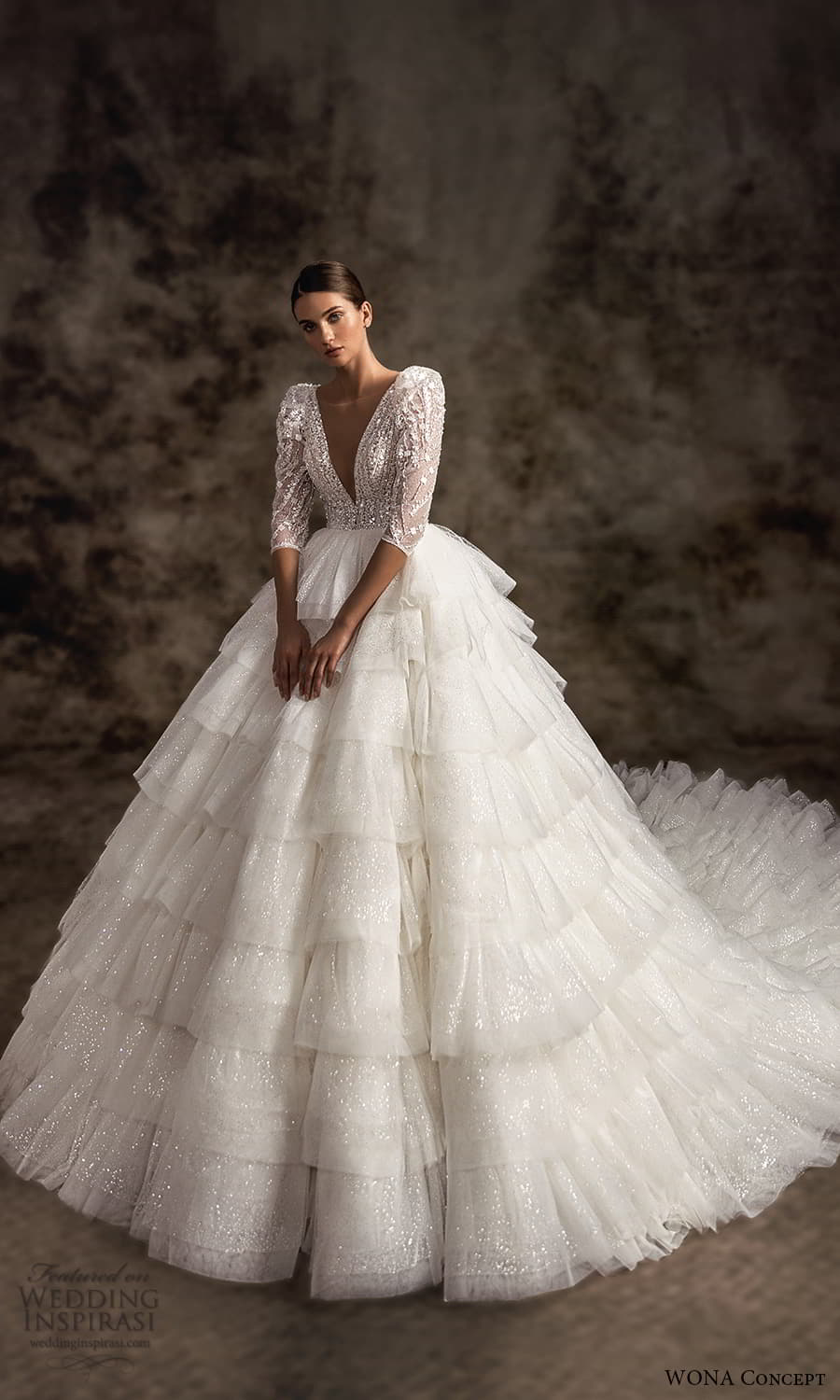 wona concept 2023 bridal 3 quarter sleeve plunging v neckline heavily embellished bodice tiered skirt a line ball gown wedding dress chapel train (13) mv