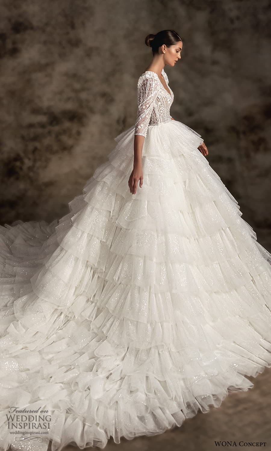 wona concept 2023 bridal 3 quarter sleeve plunging v neckline heavily embellished bodice tiered skirt a line ball gown wedding dress chapel train (13) sv