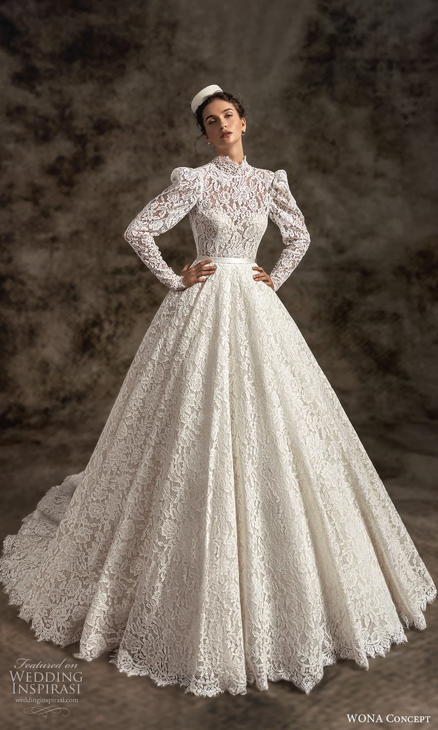 wona concept 2023 bridal long puff sleeve high neckline fully embellished lace a line ball gown wedding dress chapel train (9) mv