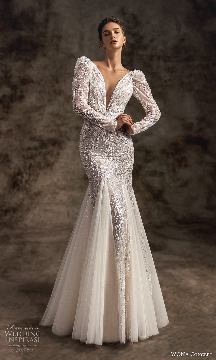wona concept 2023 bridal long puff sleeve plunging v neckline fully embellished fit flare mermaid wedding dress chapel train (3) mv wona concept 2023 bridal long puff sleeve plunging v neckline fully embellished fit flare mermaid wedding dress chapel train (3) mv