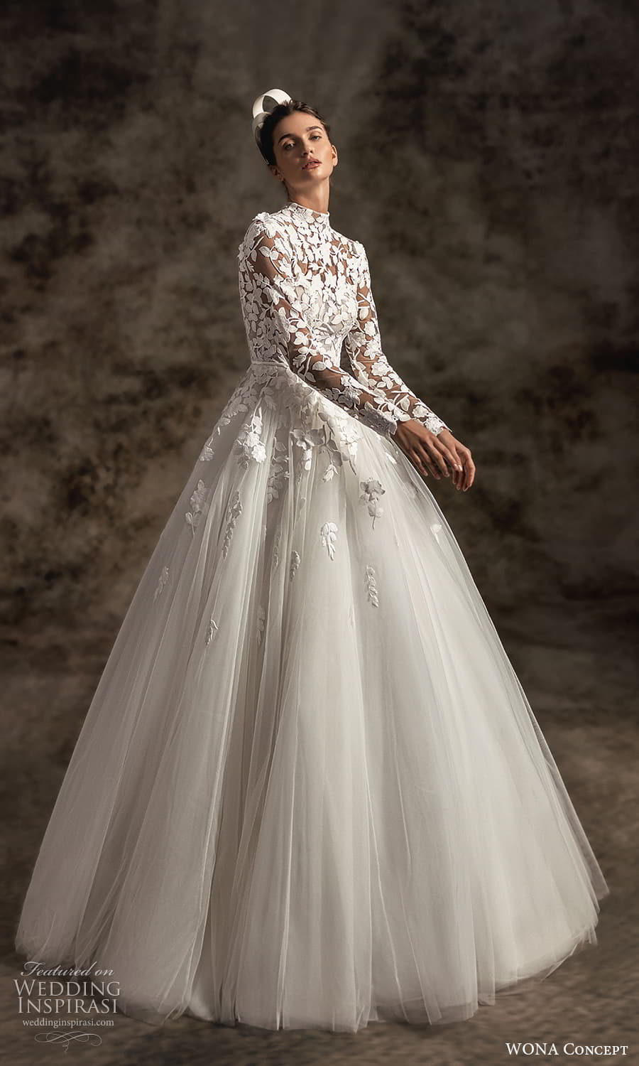 wona concept 2023 bridal long sleeve high neckline embellished bodice a line ball gown wedding dress chapel train (17) mv