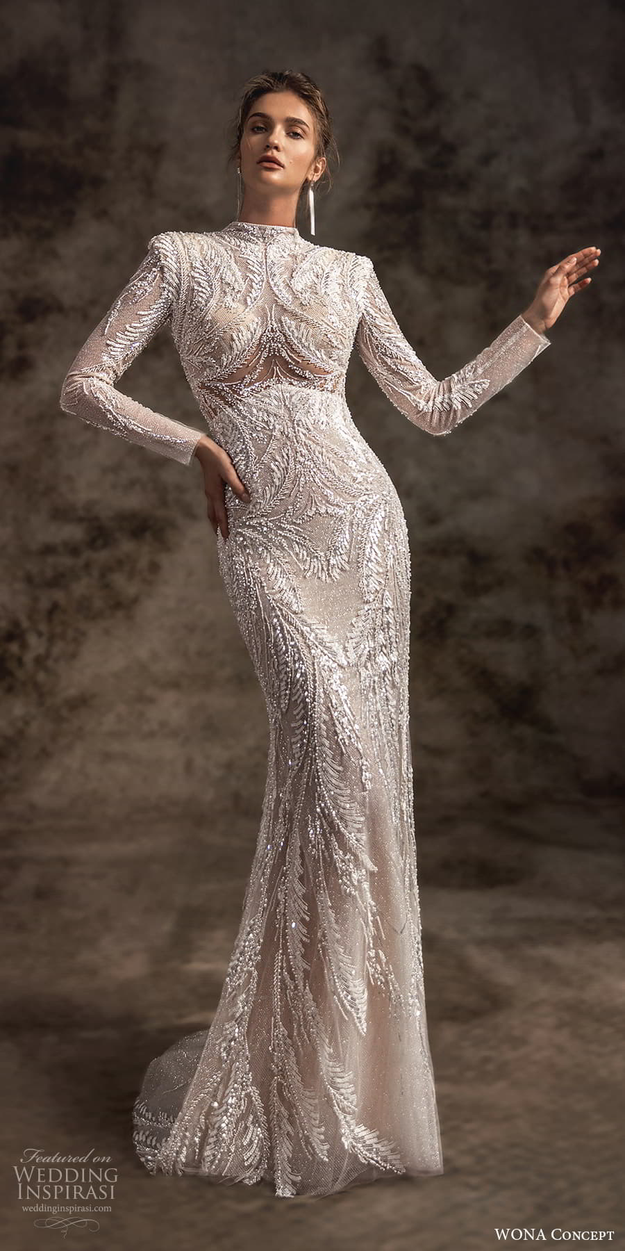 wona concept 2023 bridal long sleeve high neckline fully embellished sheath wedding dress chapel train (5) mv