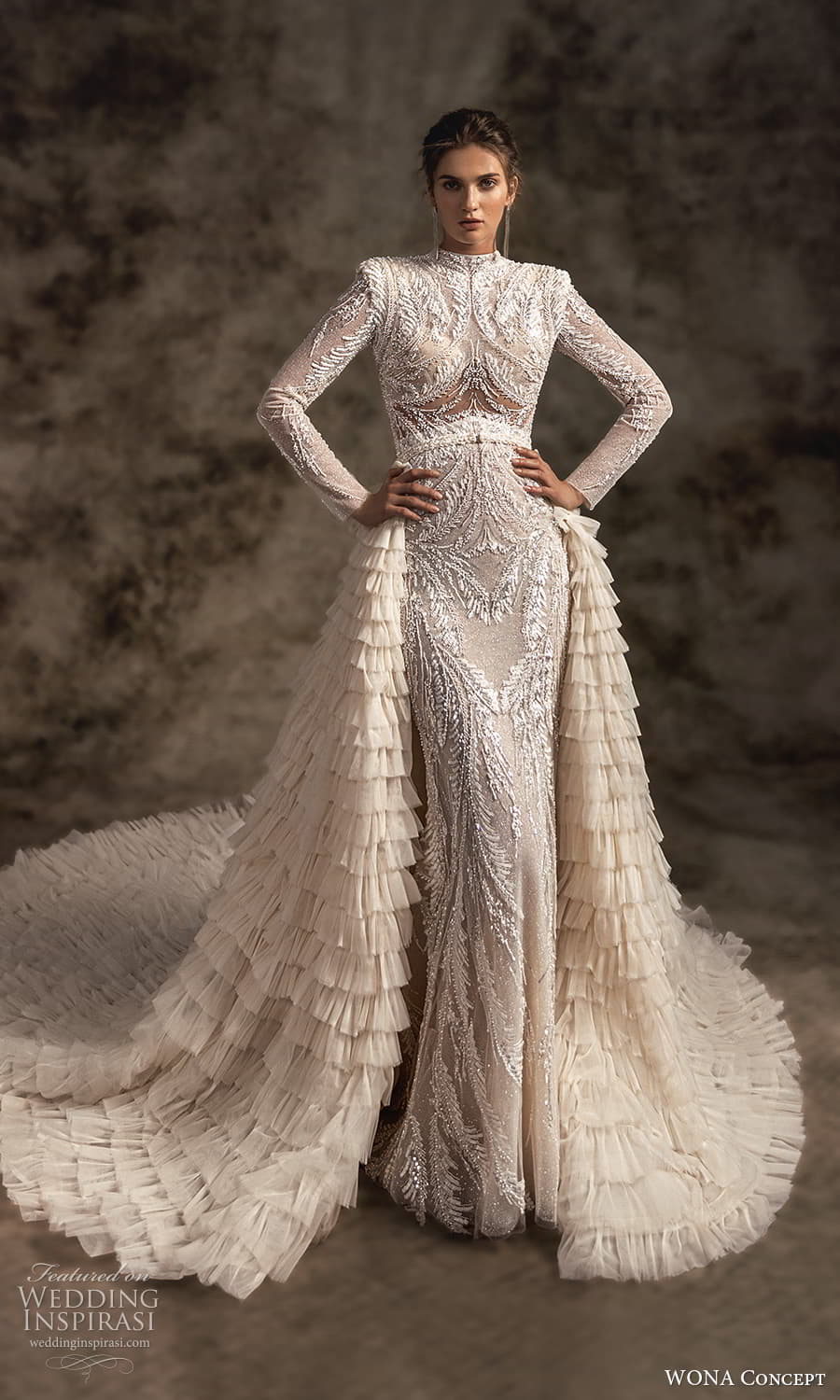 wona concept 2023 bridal long sleeve high neckline fully embellished sheath wedding dress ruffle a line overskirt chapel train (5) mv wona concept 2023 bridal long sleeve high neckline fully embellished sheath wedding dress ruffle a line overskirt chapel train (5) mv
