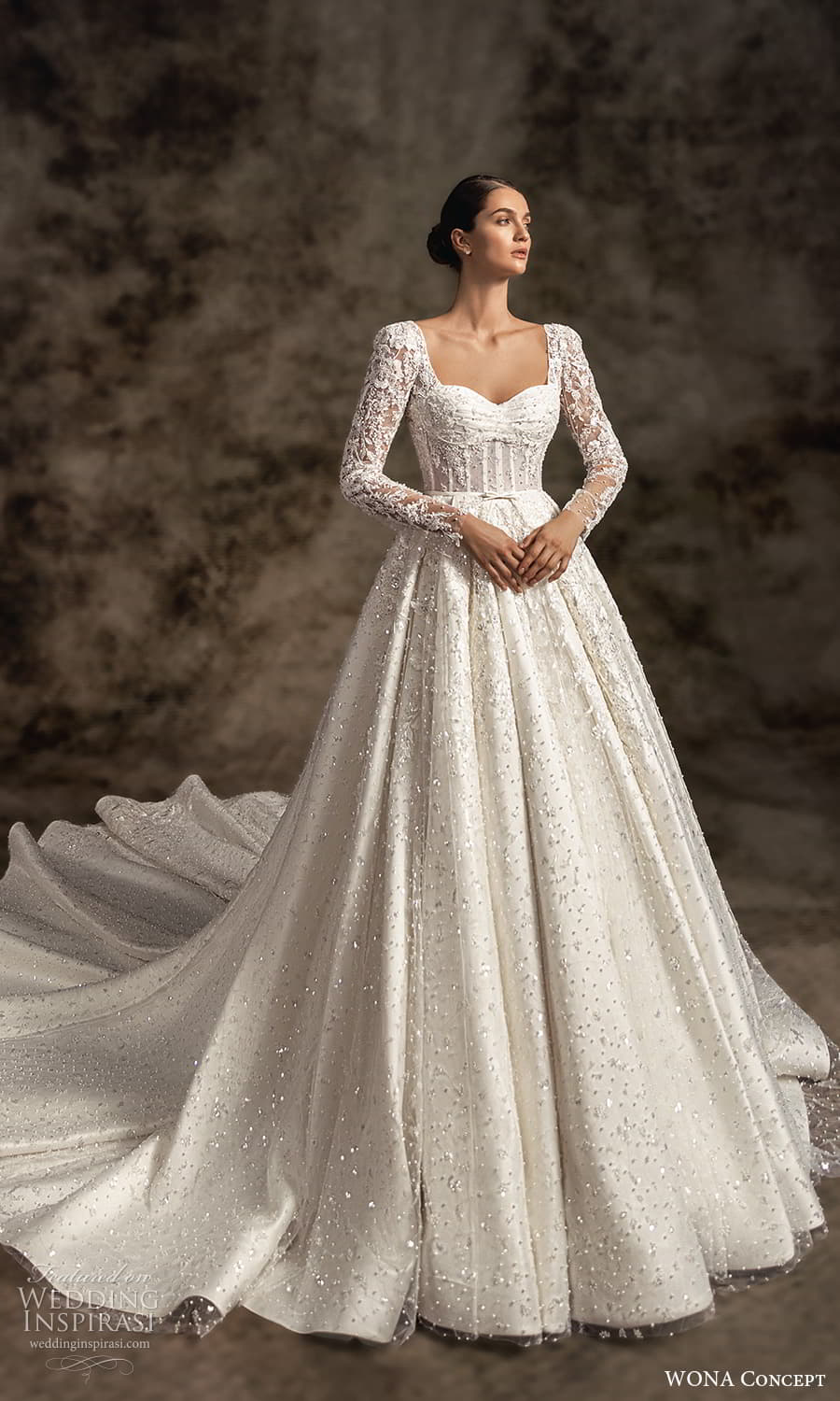 wona concept 2023 bridal long sleeve queen anne square sweetheart neckline fully embellished a line ball gown wedding dress chapel train (20) mv