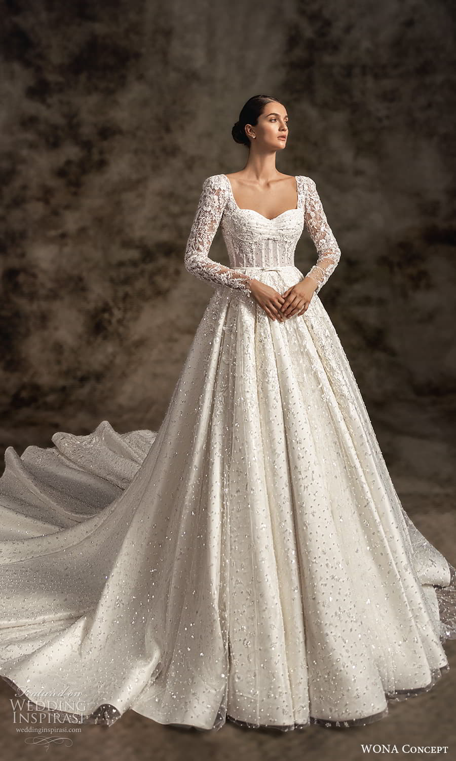 wona concept 2023 bridal long sleeve queen anne square sweetheart neckline fully embellished a line ball gown wedding dress chapel train (20) mv wona concept 2023 bridal long sleeve queen anne square sweetheart neckline fully embellished a line ball gown wedding dress chapel train (20) mv