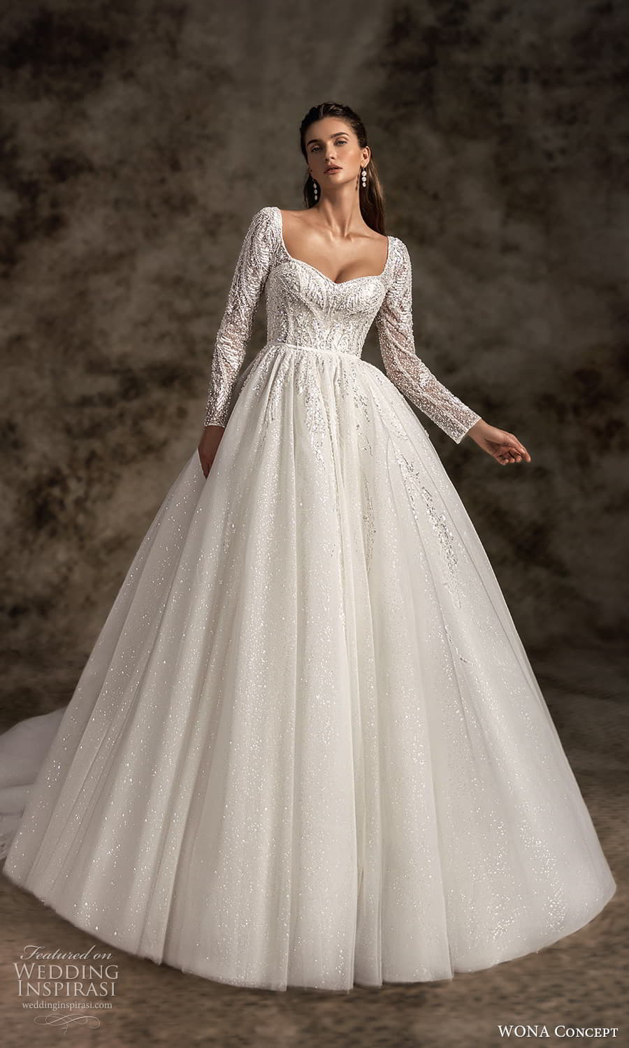 wona concept 2023 bridal long sleeve sweetheart square queen anne neckline heavily embellished bodice a line ball gown wedding dress chapel train (6) mv