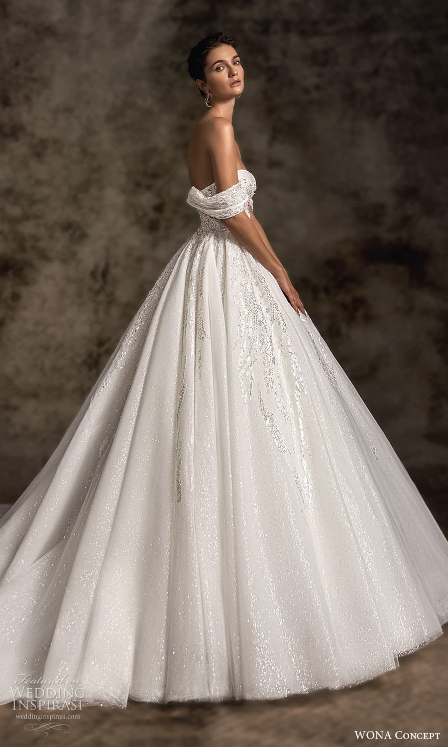 wona concept 2023 bridal off shoulder sleeve swag straps sweetheart neckline embellished bodice a line ball gown wedding dress chapel train (22) sv