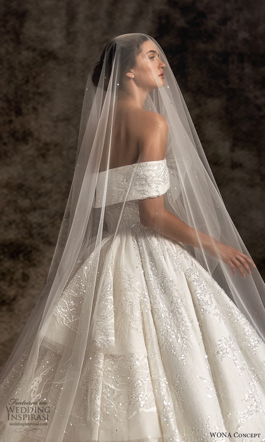 wona concept 2023 bridal off shoulder sleeve sweetheart neckline fully embellished a line ball gown wedding dress chapel train veil (16) zbv