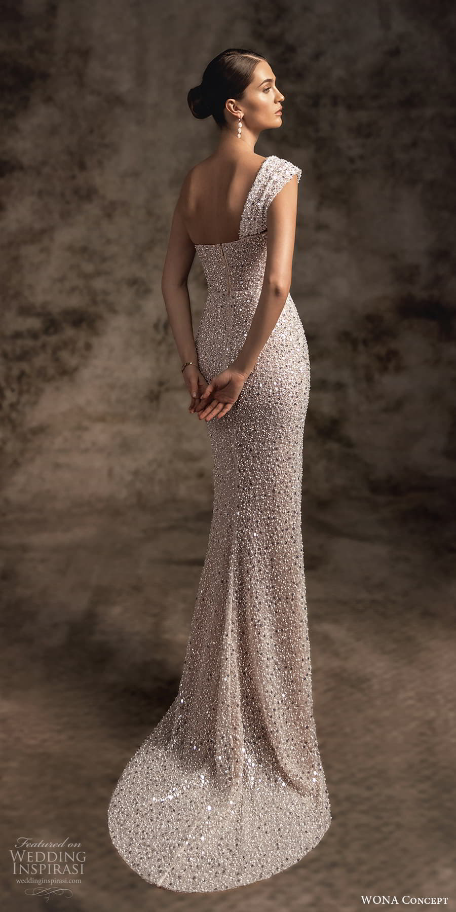wona concept 2023 bridal one shoulder strp semi scoop neckline fully embellished ruched bodice sheath wedding dress slit skirt sweep train (2) bv wona concept 2023 bridal one shoulder strp semi scoop neckline fully embellished ruched bodice sheath wedding dress slit skirt sweep train (2) bv