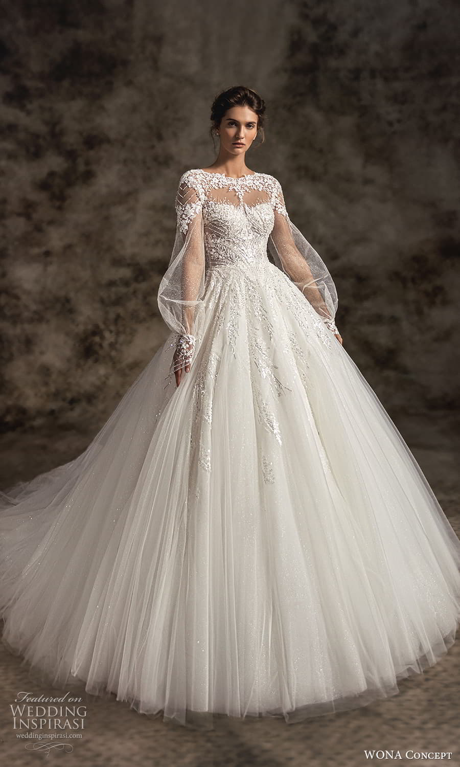 wona concept 2023 bridal sheer bishop sleeve bateau neckline fully embellished a line ball gown wedding dress chapel train (4) mv